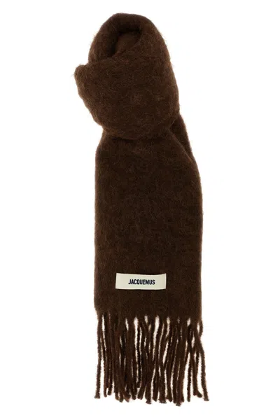 Jacquemus Carro Scarf With Soft Texture And Fringed Edges In Brown