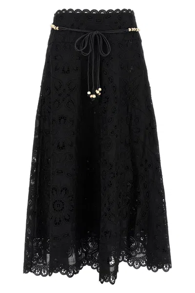 Zimmermann Flared Midi Skirt With Embroidered Openwork Design In Black