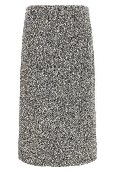 Tory Burch Mid-calf Tweed Skirt With Textured Fabric And Smooth Waistband In Black