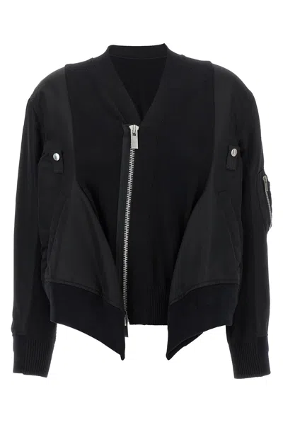 Sacai Black Cotton Blend And Nylon Bomber Jacket In Blue