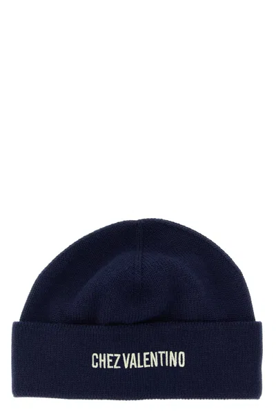 Valentino Garavani Cotton And Wool Blend Beanie With Turn-up Brim In Blue