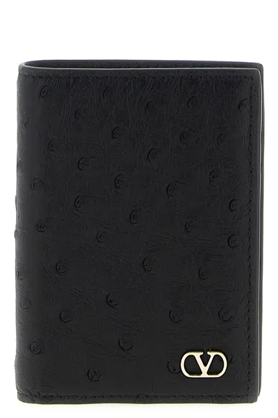 Valentino Garavani Ostrich Leather Cardholder With Vlogo Signature In Black