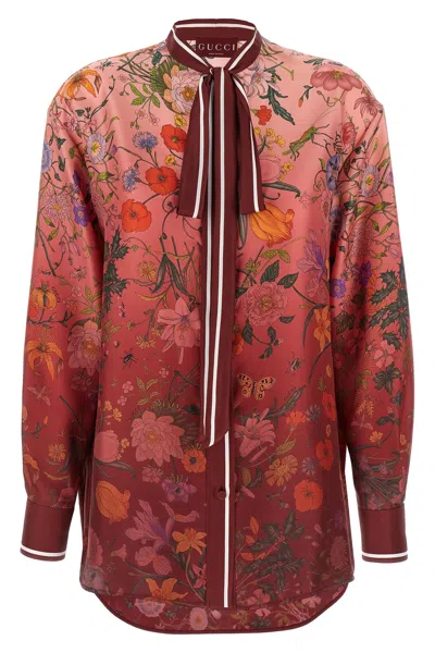 Gucci Bordeaux Shirt With Collar With Bow And All-over Flora Print In Silk Woman In Pink