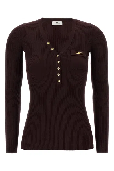 Elisabetta Franchi Fitted Ribbed Knit Top With Decorative Buttons And Gold Accent In Burgundy