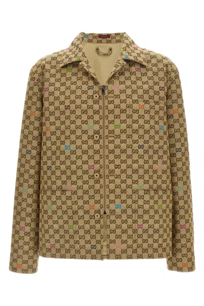 Gucci Beige Shirt With Spread Collar And Two Front Welt Pockets In Gg Canvas Man In Brown