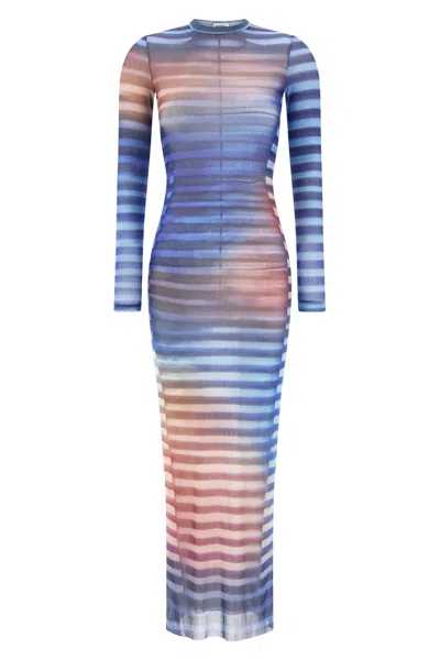 Jean Paul Gaultier Mesh Striped Bodycon Maxi Dress In Blue
