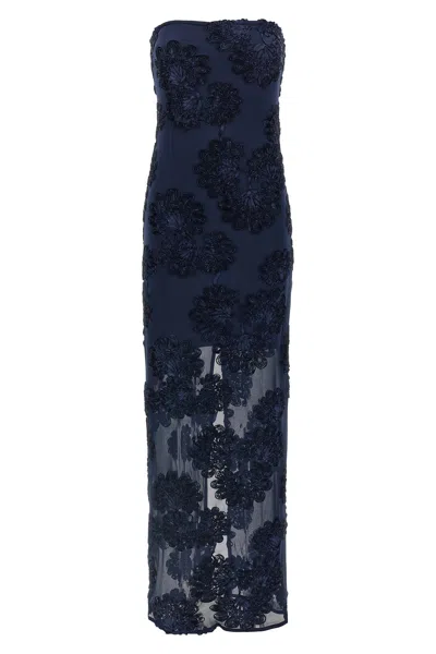 Rotate Birger Christensen Rotate Maxi Dress With Floral Embellishments And Mesh Panel In Blue