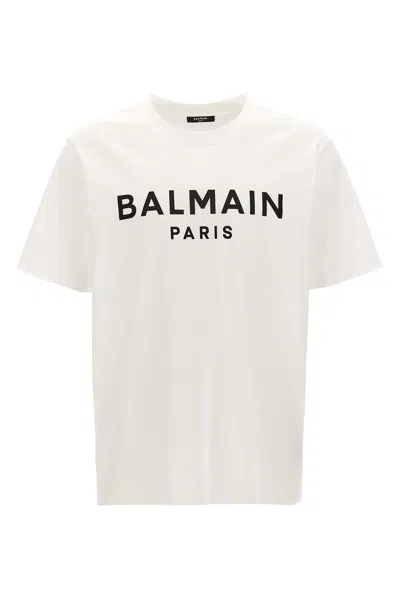 Balmain White Crewneck T-shirt With Contrasting Logo Lettering Print In Cotton In White