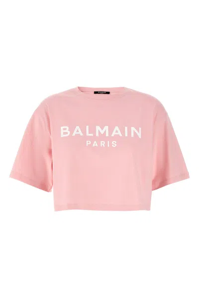 Balmain Cropped Logo Screen Print Tee In Pink