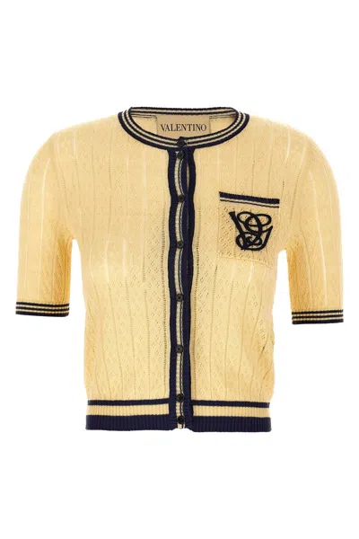 Valentino Embroidered Striped Pointelle-knit Linen-blend Cardigan In Metallic