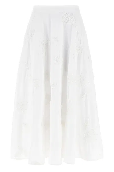 Rotate Birger Christensen Floral Embroidered A-line Midi Skirt In Organic Cotton In White