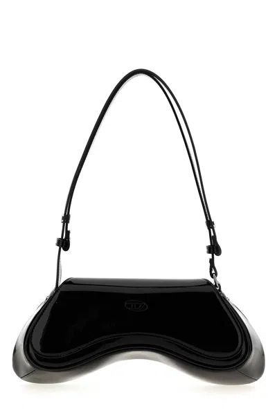 Diesel Curved Black Play Clutch With Glossy Finish And Magnetic Closure In Black