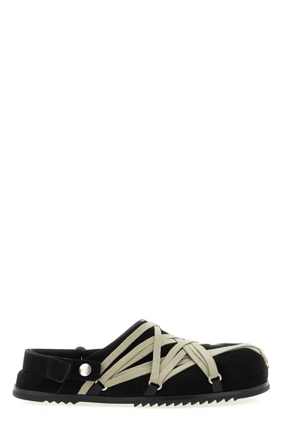 Rick Owens Black Mules With Oversize Decorative Laces And Buckle Closure In Leather Man In Animal Print