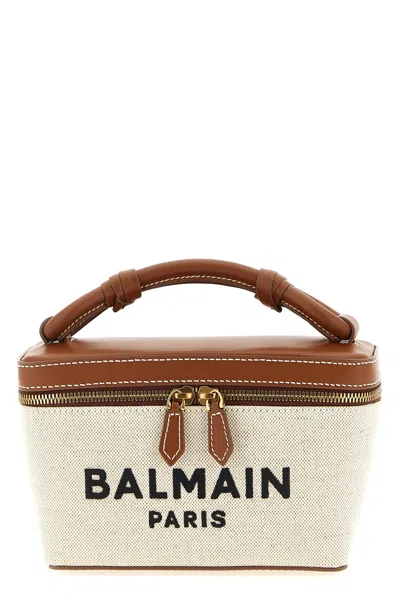 Balmain Structured Canvas Bag With Leather Handle And Logo In Sand