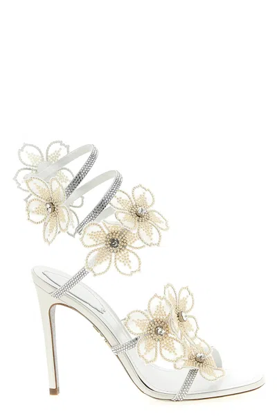 René Caovilla Rene Caovilla Leather Peach Flower Sandals In White