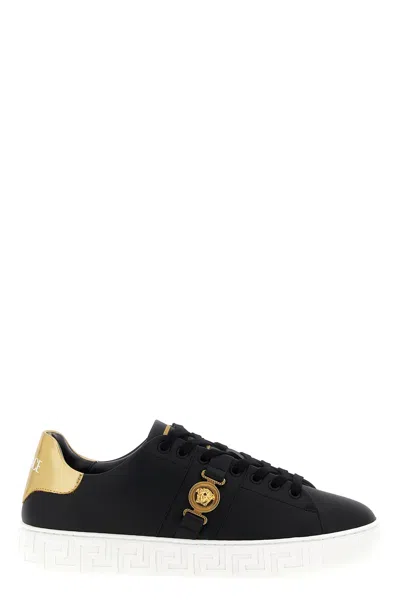 Versace Black Low Top Sneakers With Contrasting Heel With Logo Lettering And Medusa Plaque In Tech Fabric Ma In Black