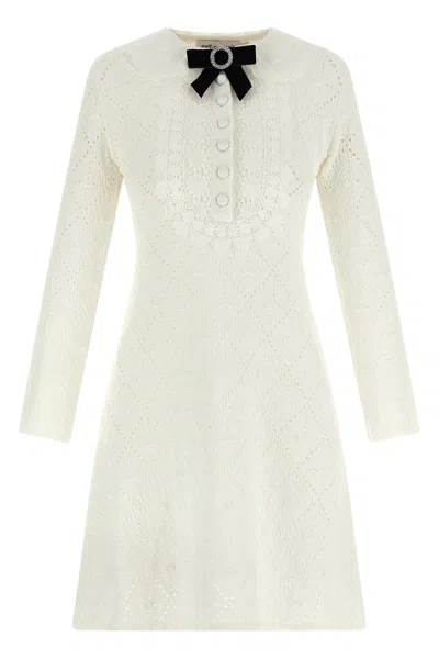 Self-portrait White Lace Knit Mini Dress With Removable Bow In White