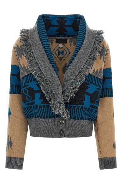 Alanui Geometric Jacquard Belted Fringe Cardigan In Blue