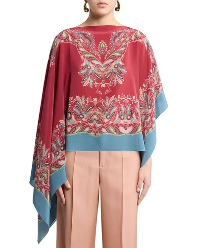 Etro Asymmetric Silk Poncho Top With Placed Print In Red