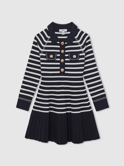 Reiss Kids' Navy/white 9-13 Yrs Button-detail Stripe Knitted Dress In Black