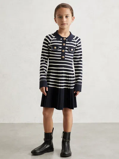 Reiss Kids' Navy/white 9-13 Yrs Button-detail Stripe Knitted Dress In Black