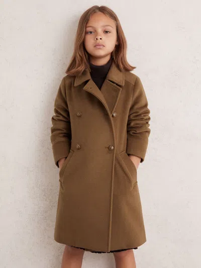 Reiss Camel 9-13 Yrs Wool-blend Double-breasted Coat In Brown