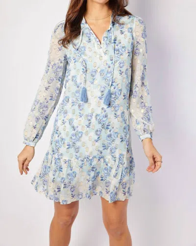 Sail To Sable Ruffle Hem Dress With Tassels In Falling Violets Print In Blue