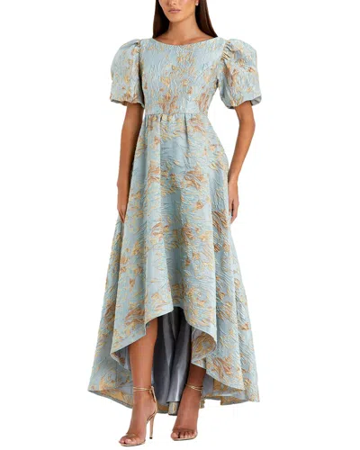 Mac Duggal Brocade High-low Gown With Puff Sleeves In Multi