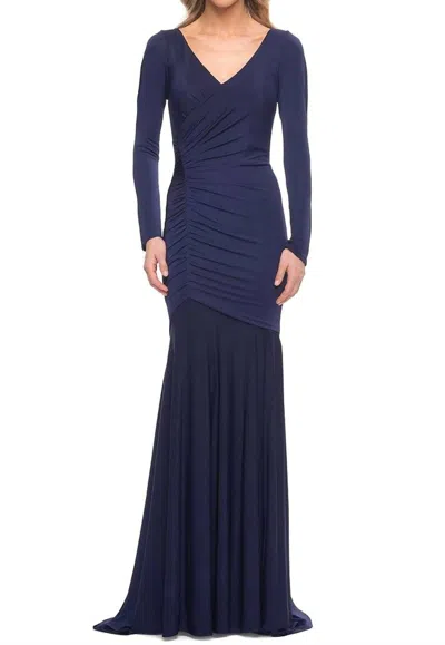 La Femme Apéro Ruched Jersey Long Sleeve Gown Dress In Navy In Blue