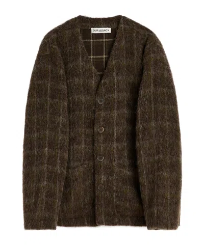 Our Legacy Embroidered Wool Blend V-neck Cardigan With Front Pockets In Brown