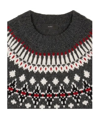 Alanui Wool Crewneck Sweater With Geometric Pattern In Gray