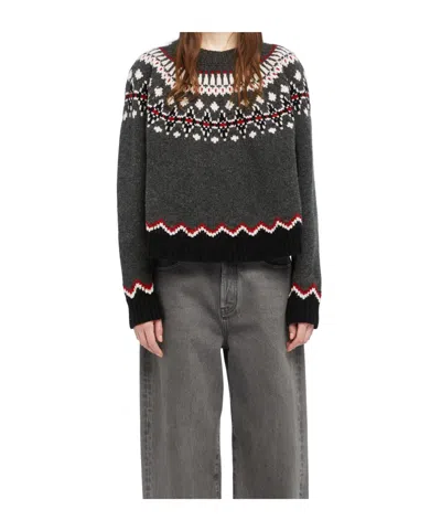 Alanui Wool Crewneck Sweater With Geometric Pattern In Gray