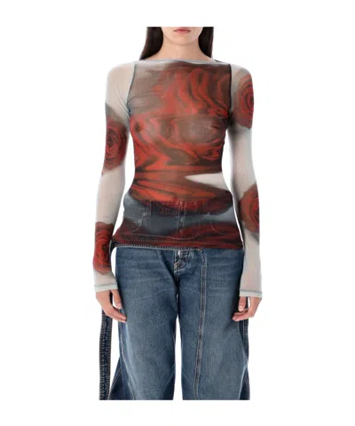 Jean Paul Gaultier Rose Mesh Floral Top In Brown