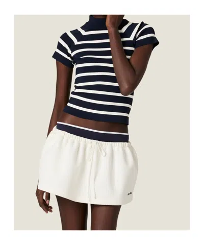 Miu Miu Striped Mock Turtleneck Sweater In Black