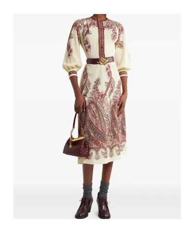 Etro Sable Midi Dress With Floral Paisley Print In Nude