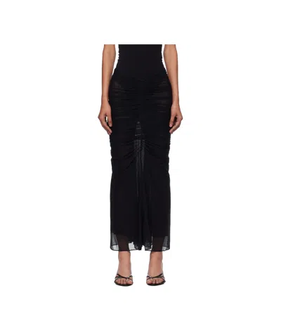 Mugler Black Ruched Mesh Midi Skirt