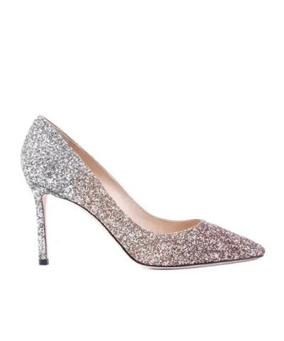 Jimmy Choo Romy Multicolor Pumps With All-over Glitters In Fabric And Leather Woman In Gray