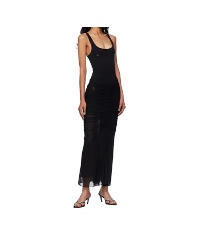 Mugler Black Ruched Mesh Midi Skirt