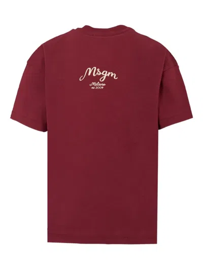 Msgm Logo-embroidered Cotton T-shirt In Red