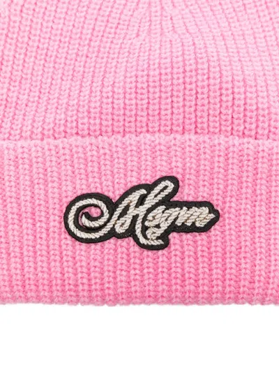 Msgm Logo-patch Ribbed Beanie In Pink