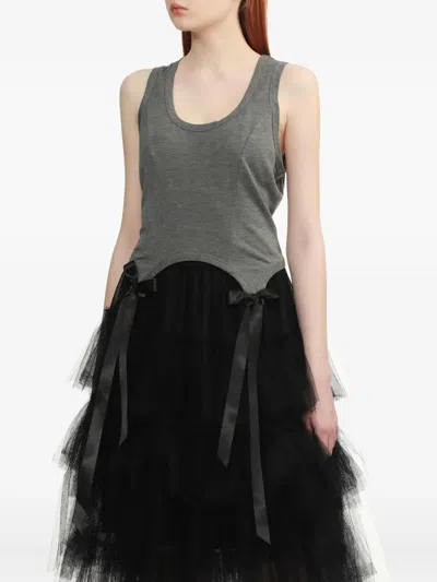 Simone Rocha Cropped Grey Lyocell Tank Top With Asymmetric Hem And Bow Tails In Gray