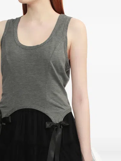 Simone Rocha Cropped Grey Lyocell Tank Top With Asymmetric Hem And Bow Tails In Gray