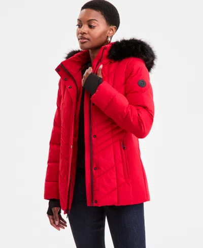 Michael Kors Michael  Plus Size Faux-fur-trim Hooded Puffer Coat, Exclusively At Macy's In Red
