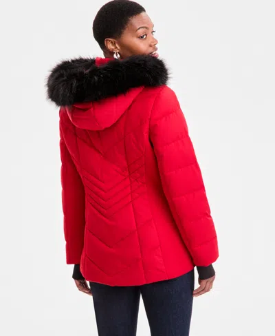 Michael Kors Michael  Plus Size Faux-fur-trim Hooded Puffer Coat, Exclusively At Macy's In Red