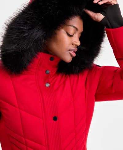 Michael Kors Michael  Plus Size Faux-fur-trim Hooded Puffer Coat, Exclusively At Macy's In Red