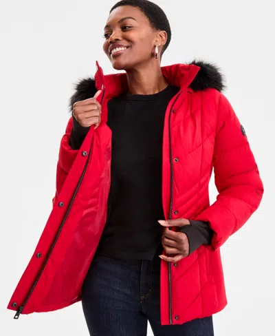Michael Kors Michael  Plus Size Faux-fur-trim Hooded Puffer Coat, Exclusively At Macy's In Red