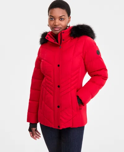 Michael Kors Michael  Plus Size Faux-fur-trim Hooded Puffer Coat, Exclusively At Macy's In Red