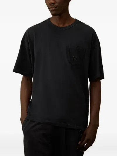 C.p. Company Blue Crewneck Pocket Embroidered T-shirt In Black