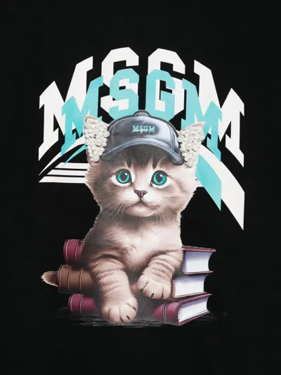 Msgm Kitten-embellished Cotton T-shirt In Black