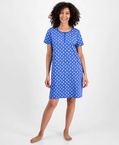 Charter Club Women's Cotton Printed Henley Sleepshirt, Created For Macy's In Blue